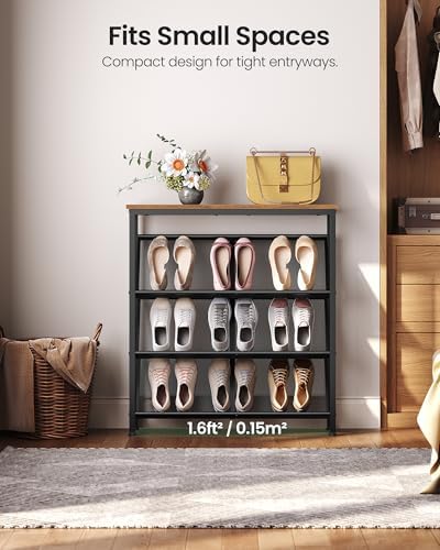 CHOEZON Shoe Rack, 4-Tier Slanted Shoe Storage Shelf, Narrow Shoe Rack for Entryway, Shoe Organizer with Adjustable Feet, Slim Shoe Shelf with Wooden Top and Metal Frame Rustic Brown and Black TXJ75BF - Image 5