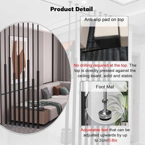 8 x Adjustable Metal Room Divider, Floor-to-Ceiling Partition for Privacy, 2-2.4m High Cabinet Boards, Black Separation Panels for Home or Office Spaces - Image 3