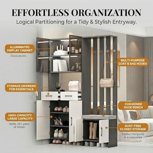 Wall Room Divider with Storage, 78.7" Tall Entryway Hall Tree Room Partition with Shoe Cabinet,Freestanding Wood Privacy Screen with Coat Rack, Bench & Glass Display(Gray+Left Side,100cm/39.5in) - Image 3