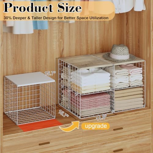Hencawima 2 Pack Stackable Closet Storage Bins with Removable Divider, Wire Storage Baskets with Wooden Top for Clothes, Towels, Blankets, Closet Shelves, Bedroom, Pantry & Laundry Room - Image 3
