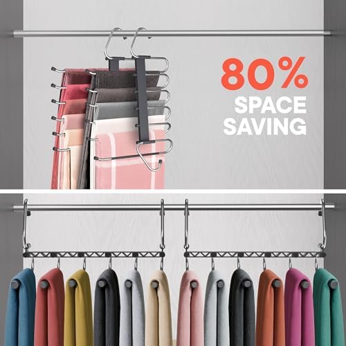 Campior Space Saving Pants Hangers 1 Pack, 6 Layer Jeans Hangers and Closet Organizer for Jeans, Scarves, & Skirts, Multi-Layer Hanger with Anti-Slip Stopper, Heavy-Duty S-Type Stainless Steel, Gray - Image 3