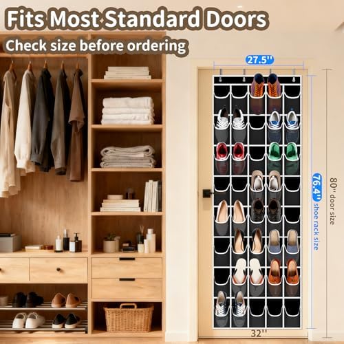 Over the Door Shoe Organizer with 40 Large Pockets, Multi-Purpose Storage for Shoe and Accessories, Durable Fabric with Adjustable Hooks for Home Closet Bedroom Entryway-Black - Image 3
