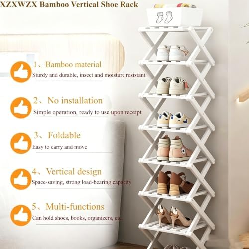 5 Tier Foldable Shoe Rack, Bamboo Vertical Shoe Organizer Tall for Multifunctional Narrow Shoe Shelf for Entryway, Closet, Corner, Bedroom, Hallway(White) - Image 4