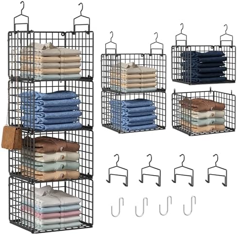 Hanging Closet Organizer, 4 Tier Metal Closet Organizers and Storage with 4 Hanging Hooks 4 S-Hooks for Wardrobe Laundry Room, Wire Storage Shelf for Clothes Sweaters Pants (Black) by Orapoke