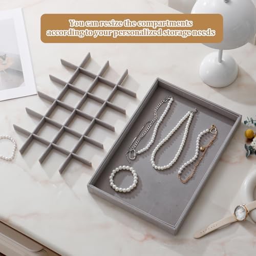 Large Jewelry Organizer for Drawer Insert Velvet Stackable Jewelry Trays for Earring Necklace Bracelet Ring Display (Gray, 24 Grids) - Image 4