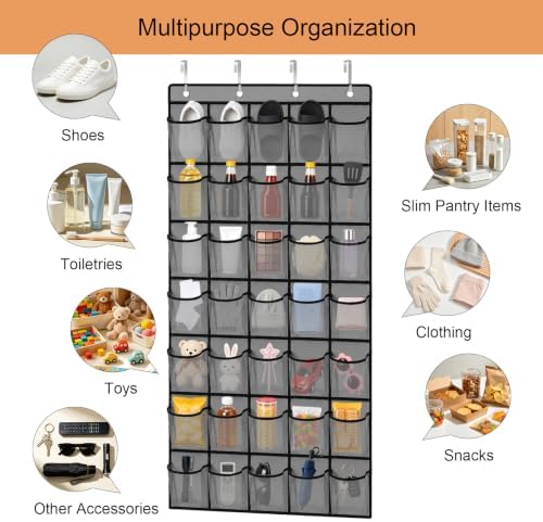 35 Pockets Over The Door Shoe Organizer, Large Breathable Mesh Hanging Shoe Rack with 4 Metal Hooks, Space Saving Gray Over Door Shoe Storage Holder Mesh Bag for Closet Entryway Bedroom Pantry - Image 4