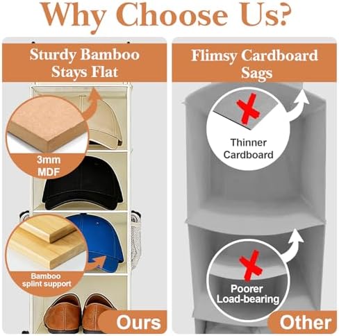 Hanging Shoe Organizer for Closet with 8 Shelves,Mesh Pockets-Wider Hanging Shelves for Shoes,Clothes,Hats with Sturdy Bamboo-Supported Design (Beige) - Image 6