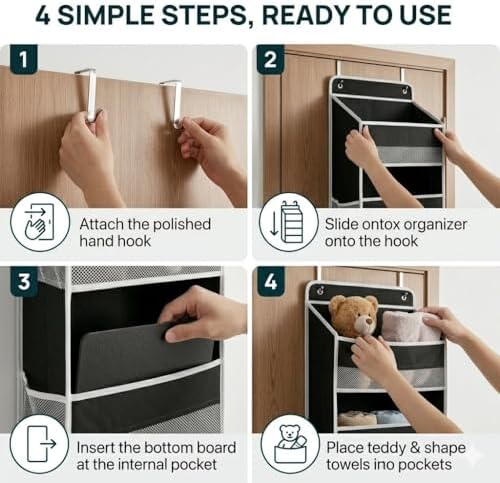 SUREMAX 42.5" Over The Door Organizer, 40 Lbs Heavy Duty Anti-Tilt Behind Door Storage with 4 Large Pockets and 6 Side Mesh Pockets, Hanging Closet Organizer for Bathroom, cabinet, Nursery and Pantry - Image 6