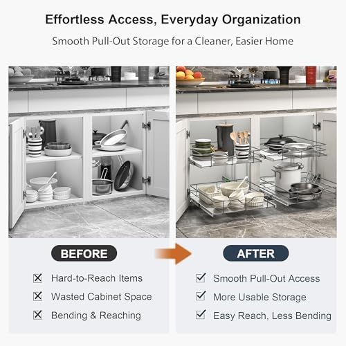 2 Tier Pull Out Cabinet Organizer - 20" W x 22" D Soft Close Slide Out Shelves with Shelf Liners - Pullout Drawers for Kitchen Cabinets, Pantry, Bathroom, Heavy Duty Steel Wire Baskets - Image 5