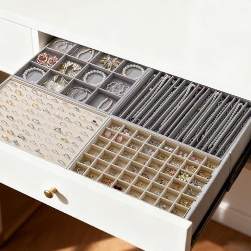 Large Jewelry Organizer for Drawer Insert Velvet Stackable Jewelry Trays for Earring Necklace Bracelet Ring Display (Gray, 24 Grids) - Image 7