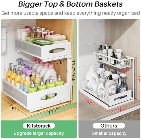 Under Sink Organizer, 2-Pack Pull Out Cabinet Organizer 2 Tier Metal Slide Out Storage Shelf Rack, L-Shaped Adjustable Height,Mesh Sliding Drawer for Kitchen, Bathroom, Laundry, Pantry, White, XL - Image 3