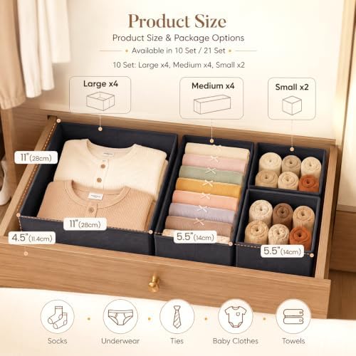 Drawer Organizer Storage for Clothes, Socks, 10 Pack, Black - Image 2