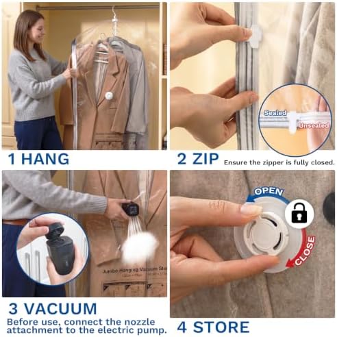 Hanging Vacuum Storage Bags, Space Saver for Clothing, 4 Long with Pump - Image 6