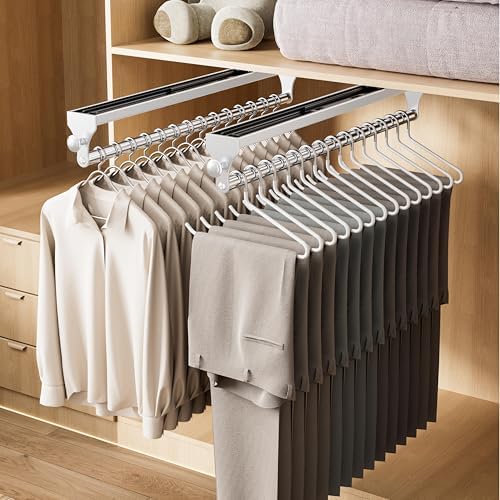 2 Pack Pull Out Closet Rod, 15.7inch Heavy Duty Pants Rack, Adjustable Clothes Hanger Rail, Space Aluminum Valet Rod, Top Mounted Wardrobe Clothes Organizer, Closet Storage for Trousers Coats White by CICUFYOfficial