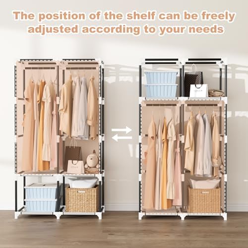 Portable Closet for Hanging Clothes, Portable Wardrobe Closet with Cover, 4 Storage Shelves, 2 Hanging Rods and 8 Side Pockets, Easy Assembly and Sturdy Free Standing Closet for Bedroom, Grey - Image 5