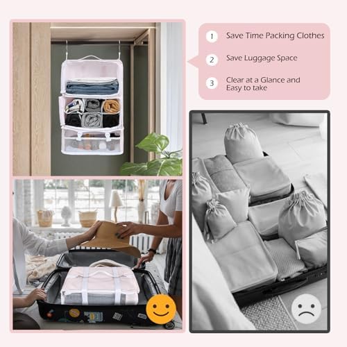 Surblue Hanging Shelves Travel Storage Bag Compression Packing Cube for Suitcase Portable Closet Organizer Collapsible with Extension Layer Large Capacity,Pink,XXL - Image 4
