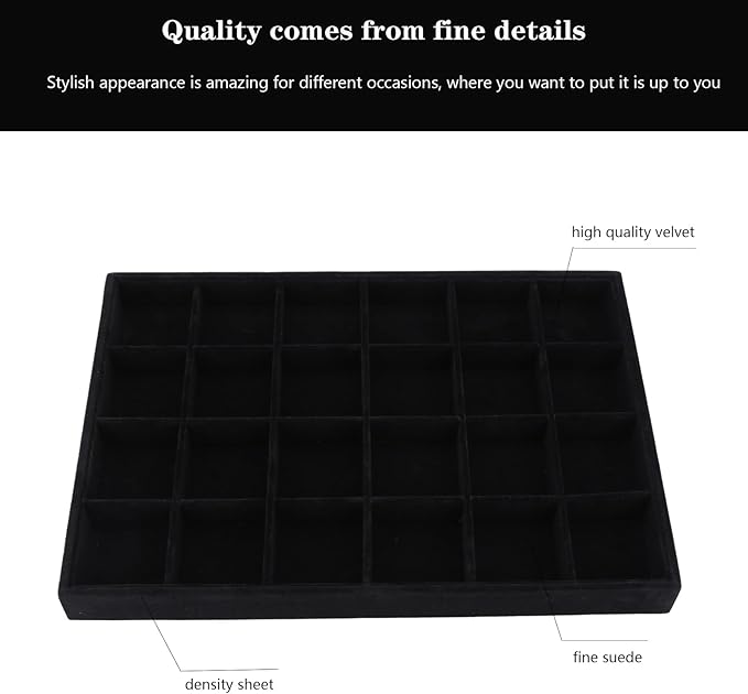 Large Velvet Jewelry Tray, Drawer Organizer for Jewelry in Dresser, Stackable Jewelry Drawer Organizer Inserts for Earring Necklace Bracelet Rings(Black,24grid)
