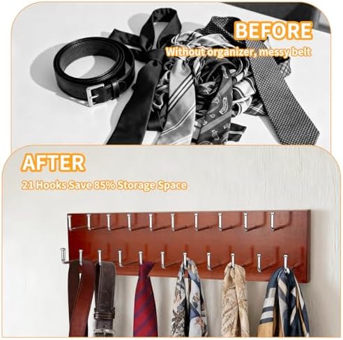 Belt Organizer Holder Wooden Belt Hanger for Closet Wall Mount Belt Storage Rack Tie Bra Scarf Hanger Holds Over 40 Large Belts (Brown) - Image 4