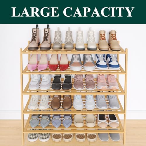 Smiry Bamboo Shoe Rack, 5 Horizontal Slats, 5 Tier - 33.9" Wide, Natural - Image 6