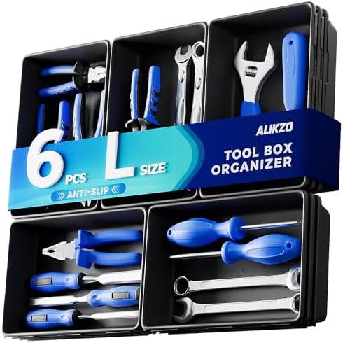 6 Large Tool Box Organizer Trays with EVA Non-Slip Pads, L-Size Desk Drawer Organizer Bins for Garage Tools, Toolbox Storage Trays for Rolling Tool Chest, Desk, Kitchen and Cabinet (L_6PCS_Black) by ALIKZO