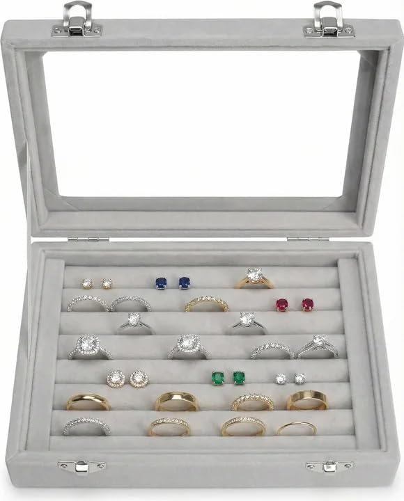 Jewelry Box Rings Organizer Tray 7 Slots Velvet Jewelry Earring Storage Box With Transparent Lid Jewelry Display Case for Girls Women (Gray)