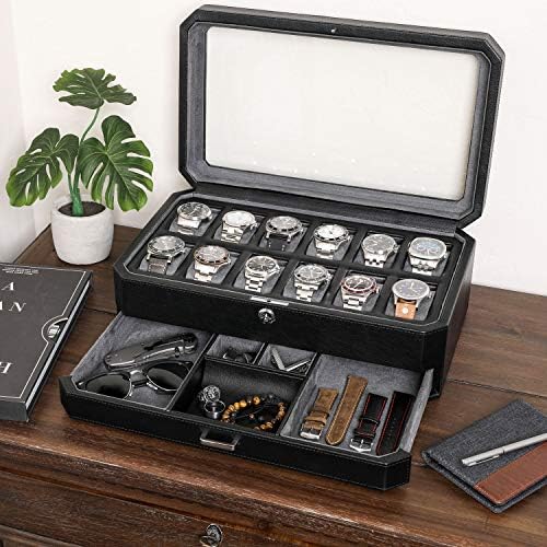 ROTHWELL 12 Slot Leather Watch Box with Valet Drawer - Luxury Watch and Jewelry Case Display Organizer, Microsuede liner, Mens Locking Storage Holder Large Glass Top (Black/Grey) - Image 3