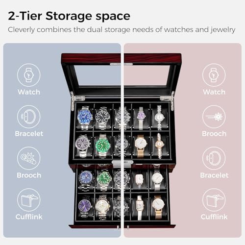 ANWBROAD Watch Box 20-Slot Wooden Watch Case Organizer with Large Glass Lid - Image 5