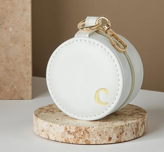 COLLECTIVE HOME - Monogrammed Letter Jewelry Case, Portable Travel Ring Holder Box with Keychain, Personalized Initial Organizer for Earrings Necklaces, Gift for Her (White-c)