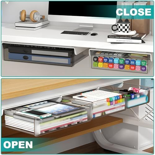 SVNNELP Under Desk Table Drawer Storage Organizer,3 Pack Small & Medium & Large Slide Out Desk Drawers - Hidden Desktop Organizer,Adhesive Storage Pencil Tray Under Table(Clear/LMS) - Image 7