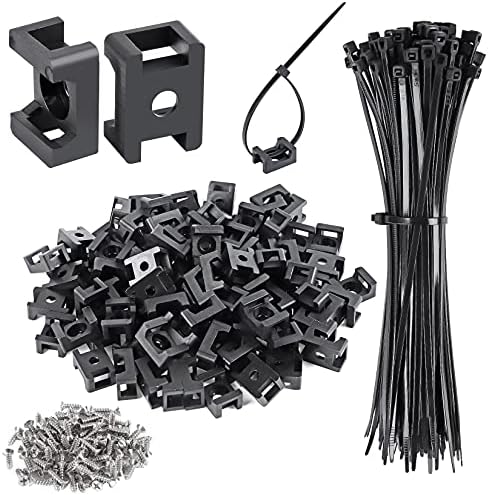 100 Pcs Cable Zip Tie Saddle Type Mounts Base with 8" Cable Ties Tapping Screw, Wire Cable Clips Organizer Holders Clamps Black by XHF