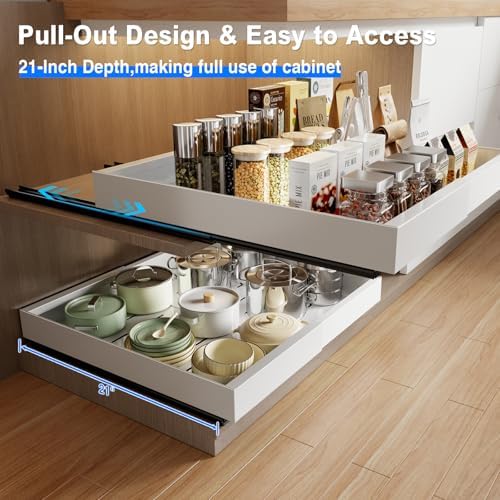 MUSTORN Expandable Pull Out Cabinet Organizer, 21"Deep Slide Out Drawer for Cabinets Adhesive Pull Out Drawers Heavy Duty Pull Out Shelves for Kitchen, Cupboard, Pantry, Bathroom(White,1-Pack) - Image 4