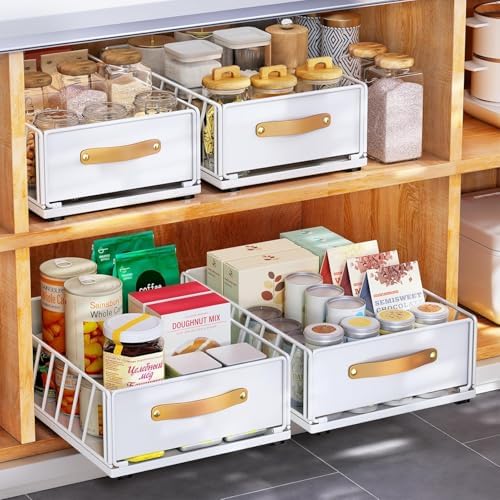4Pack Pull out Cabinet Organizer,Heavy Duty Slide out Pantry Shelves Drawer Storage with Adhesive Nano Film,Sliding Mesh Basket with Handle for Kitchen, Bathroom, Home, 11.8W" X 15.7"D X 6.2"H,White by Kitstorack