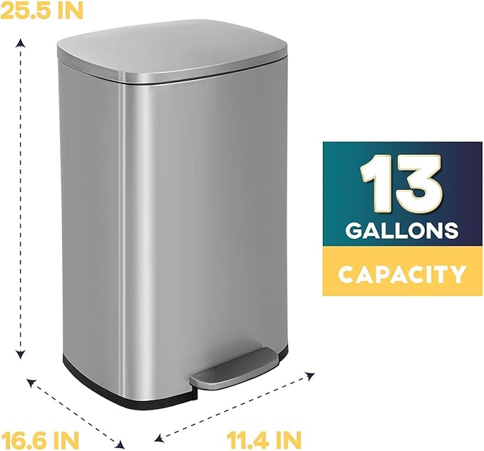 13 Gallon/50 L Garbage Can Kitchen Trash Can with Lid for Office Bedroom Bathroom Step Trash Bin Fingerprint-Proof Brushed Stainless Steel 13 Gallon / 50 Liter