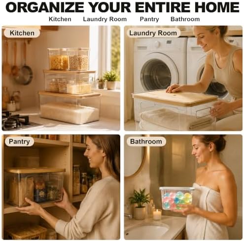 Trash Bag Organizer Under Sink Storage, 4 Piece Stackable Clear Storage Bins with Bamboo Lids, Fits 13/30/33 Gallon Bags, Organizer for Laundry Pods, Dishwasher Pods, Kitchen Pantry - Image 4