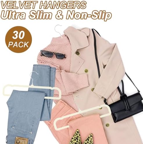 Pants Hangers Space Saving, 30 Pack Velvet Hangers for Closet with 30 Hooks, Strong Durable Non Slip Slim Clothes Hanger, Ultra Soft Flocked Hanger for Pants, Shirts, Bra, Shorts (Cream) - Image 5