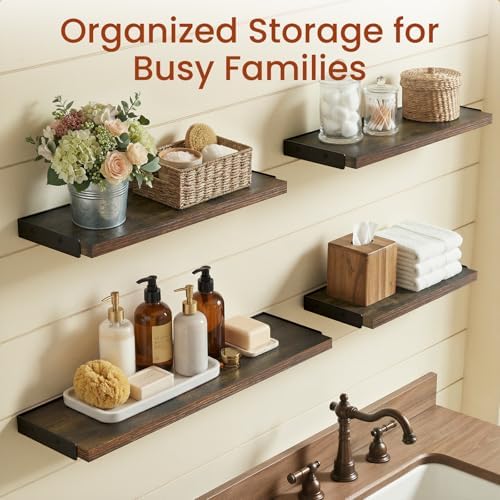 BAYKA Wall Shelves for Bedroom Decor, Floating Wall Shelves for Living Room Kitchen Storage, Mounted Rustic Wood Floating Shelves for Kids Books, Corner Shelf for Bathroom(Rustic Brown，Set of 4) - Image 2