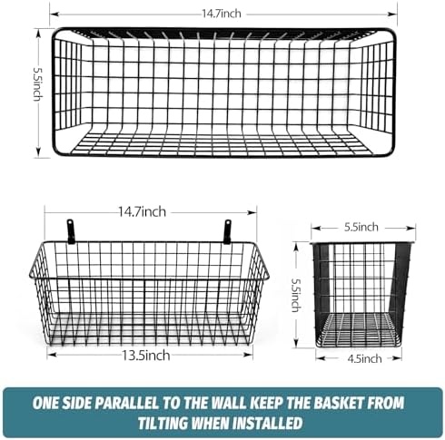 4 Set [EXTRA LARGE] Hanging Wall Mount Storage Baskets with Adhesive Hooks & Steel Hooks, Multiuse Sturdy Wire Metal Organizing Baskets for Home Kitchen Bathroom Pantry Utility Organizer, Black - Image 4