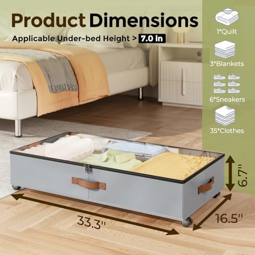 LAMU Under Bed Storage with Wheels, 2 Pack Under Bed Storage Containers with Clear Lids & Label, Rolling Under Bed Drawers for Clothes, Shoes, Blankets, Grey - Image 2