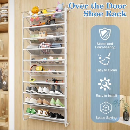 AQQHSAIN 10 Tier Over The Door Shoe Organizer Wall Shoe Shelf Shoe Holder Door Shoe Rack for Closet Pantry Hanging Shoes Clothes Toys Storage Shelves (White) - Image 6