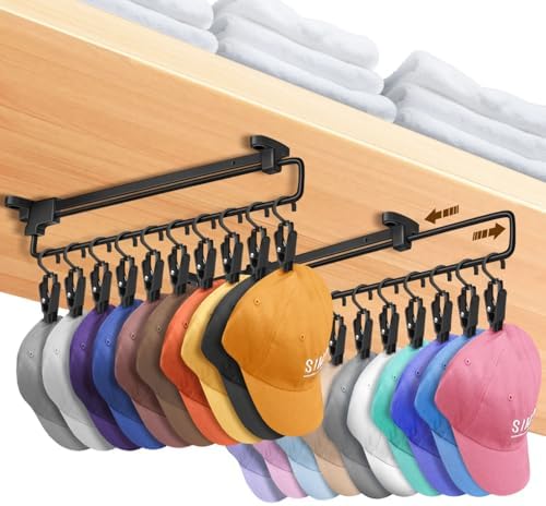 Sliding Hat Organizer with 20 Clips, Hat Organizer for Baseball Caps, Racks for Baseball Caps Wall Space Saving Design, 2 Pack, Black by Unknown