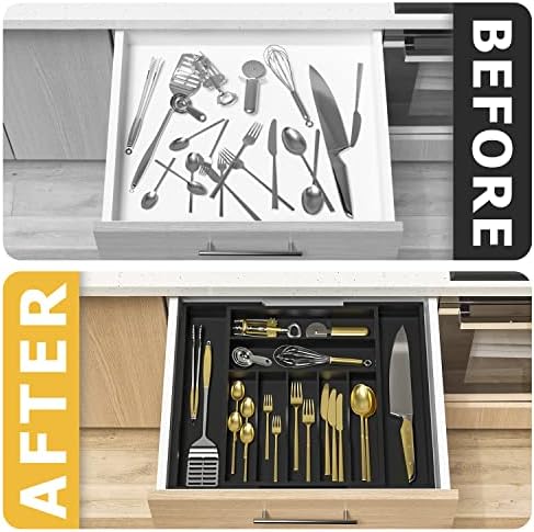 Utensil Organizer Silverware Drawer Organizer - Bamboo Expandable Cutlery Tray with Dividers for Utensil Holder Office Storage Makeup Desk Drawer Tool Organization W13.5"-19.5" x L17.5" x H2.5"(Black) - Image 3