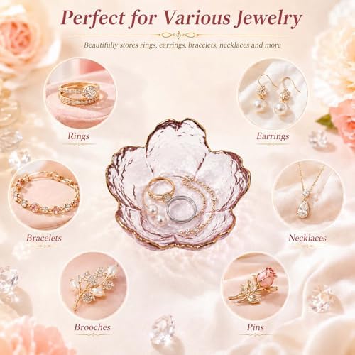 Pink Flower Jewelry Ring Dish Tray,Decorative Glass Trinket Dish,Room Decor Aesthetic, Modern Accent Tray for Vanity(Pink Gold Border) - Image 4