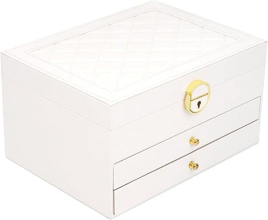3 Layer Jewelry Box Organizer with Drawers, Lockable PU Leather Jewelry Storage Case for Mothrer's Day gifts Necklace Earring Ring Bracelet Watch, White