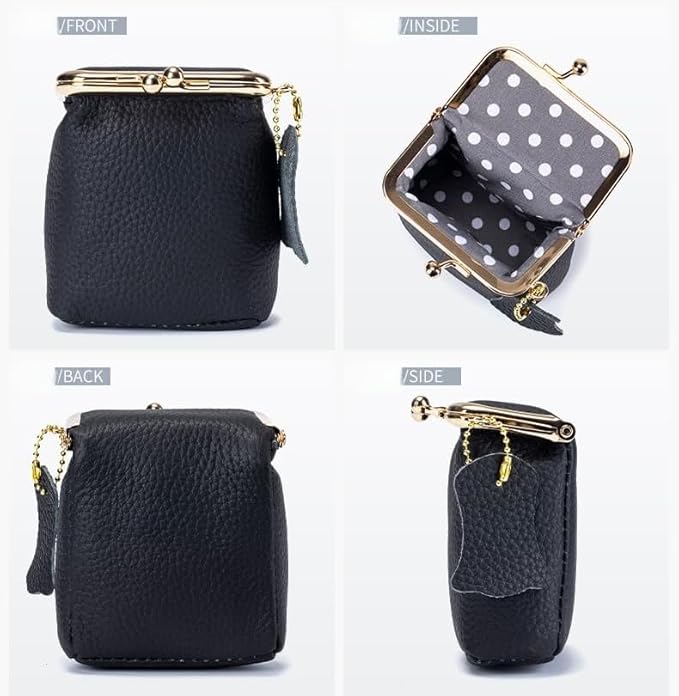 Genuine Leather Mini Jewelry Box & Vintage Wallet for Women - Compact Travel Coin Purse, Lipstick Storage Organizer, Retro Leather Clutch Case (Black)