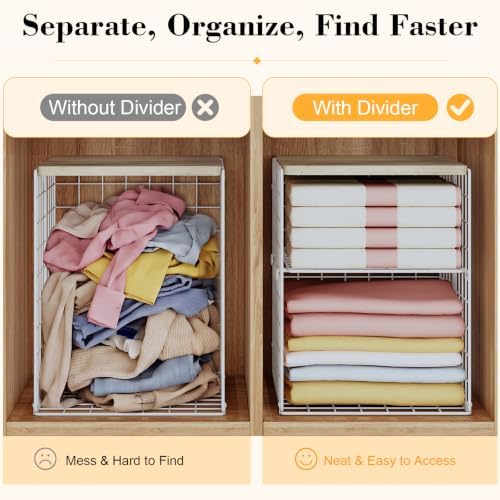 Hencawima 2 Pack Stackable Closet Storage Bins with Removable Divider, Wire Storage Baskets with Wooden Top for Clothes, Towels, Blankets, Closet Shelves, Bedroom, Pantry & Laundry Room - Image 4