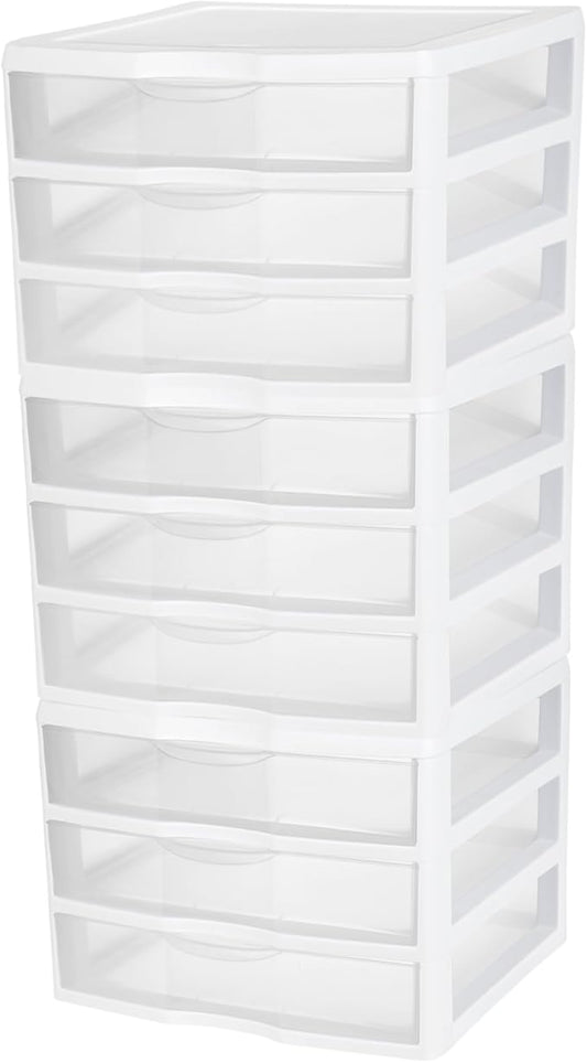 Sterilite 3-Pack Wide 3 Drawer Unit, Plastic Desktop Organizer with Clear Drawers, White Frame - Stackable Multi-Purpose Storage for Office Supplies, Craft Rooms, Classrooms and Home Organization