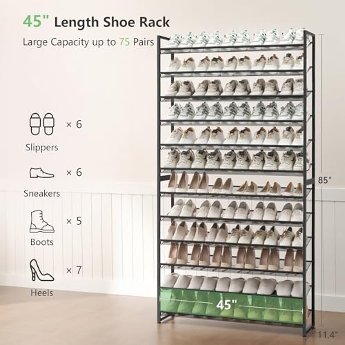 Nunsino Shoe Rack, Long Shoe Organizer,Max Holds 75 Pairs,12 Tier Metal Shoe Storage Shelf,6-Tier Stackable Shoes Organizer for Garage, Entryway,Black - Image 4