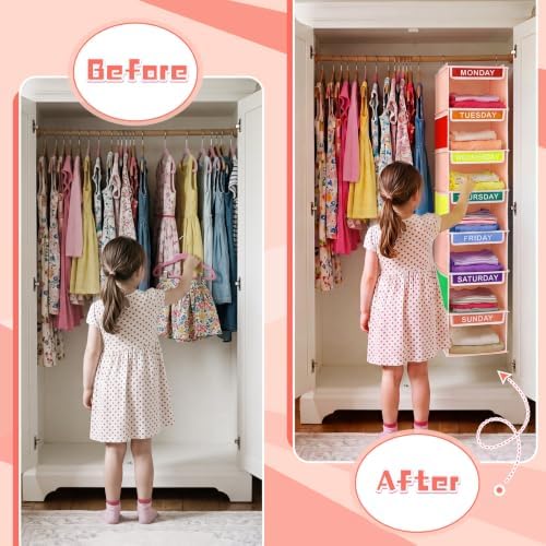 Amylove 2 Pcs 7 Shelf Weekly Clothes Organizer for Kids Hanging Closet Organizer 11. 8 x 11. 8 x 50 Inch Daily Activity Kids Clothes Storage Drawers Cube Drawers Closet Hanging Shelves(Orange Pink) - Image 6