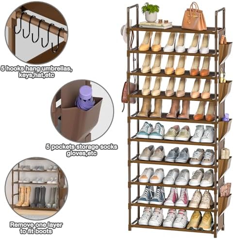 LUKYTOWER Tall Shoe Rack 10 Tier Organizer 30-35 Pairs with Hooks - Image 4