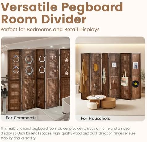 6 Panel Pegboard Display with 24 Hooks,Partition Room dividers, Wooden Room Divider Wall and Folding Privacy Screens, Pegboard Room Divider, Bedroom, Balcony, Dark Brown - Image 5